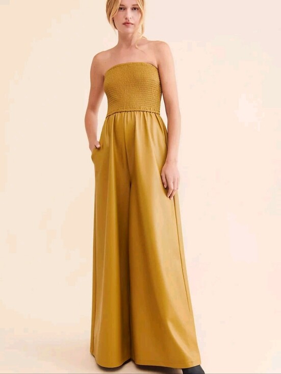 Anthropologie Pants - Anthropologie Pilcro Strapless Smocked Wide Leg Jumpsuit L Chartreuse